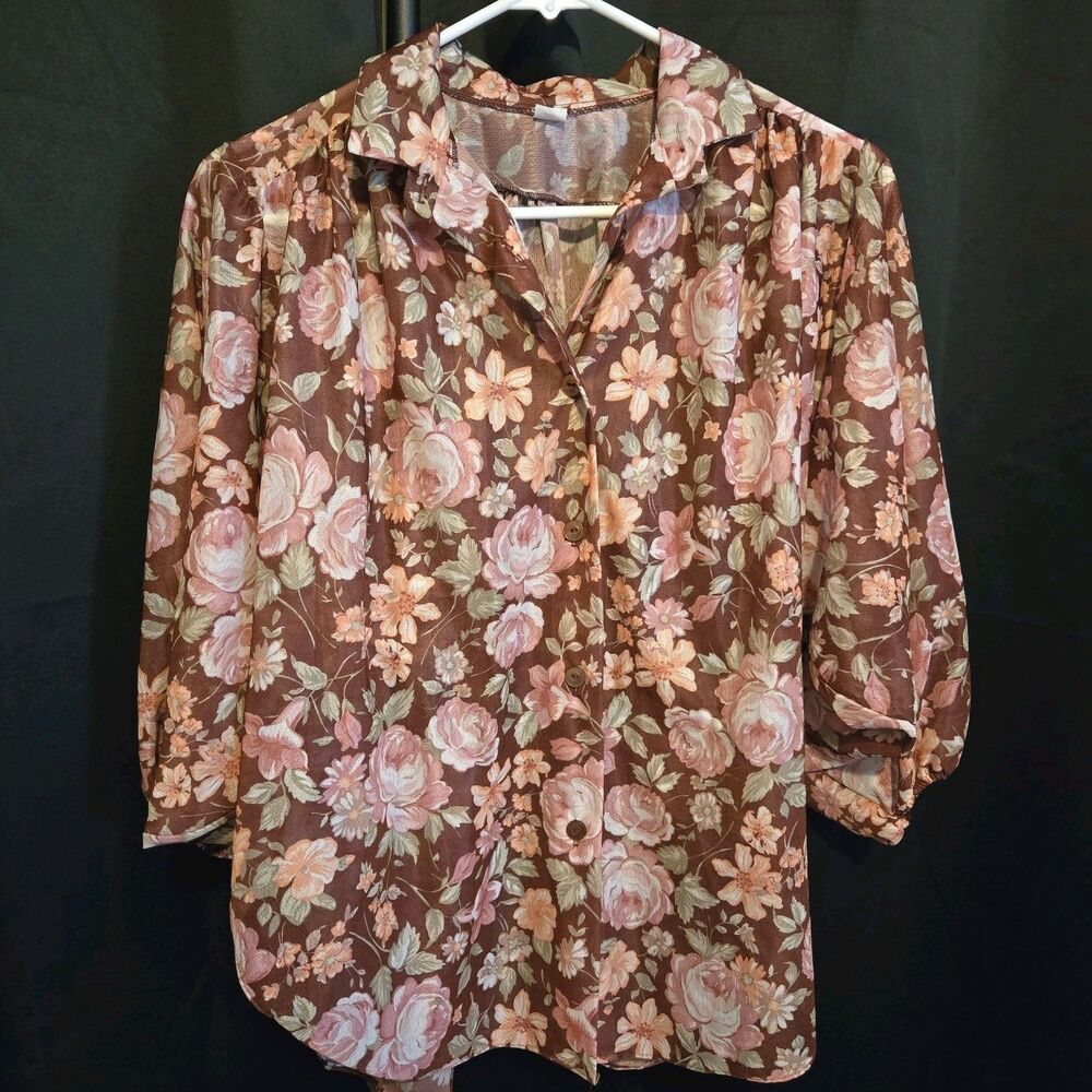 Vintage 70s 80s Brown Pink Floral Shirt Top Blouse Boho Med